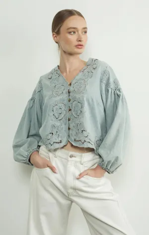 DoubleStitched SlipResistantHem Denim Volume Sleeve Embroidered Blouse