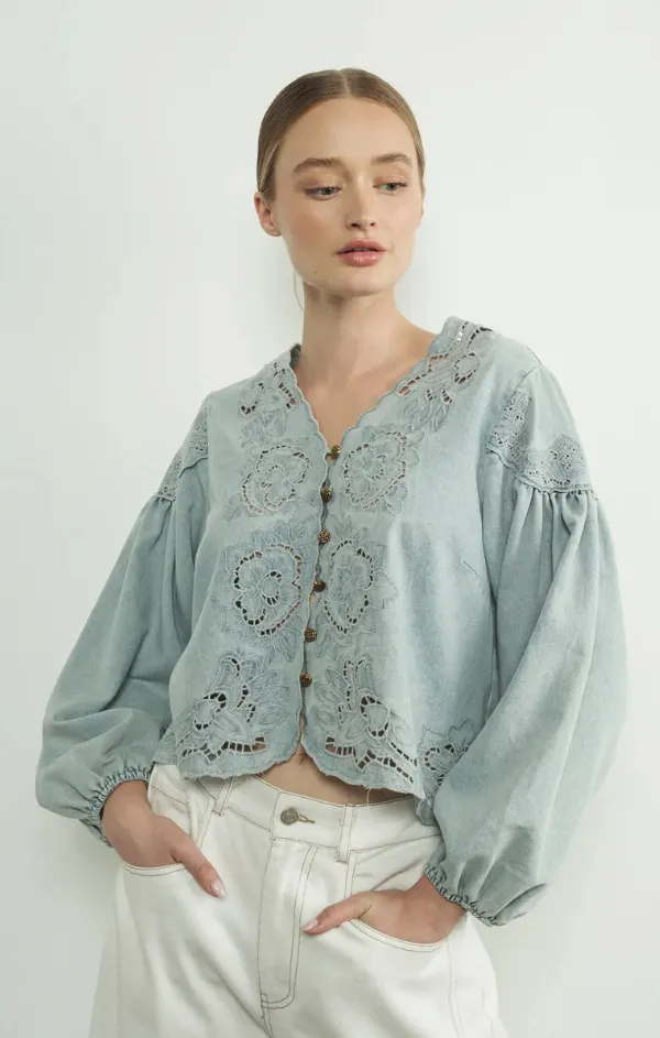 Denim Volume Sleeve Embroidered Blouse SoftTouch Texture Formal Shirt