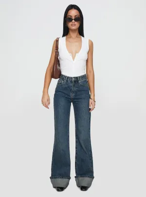 Florida Keys Mid Rise Straight Leg Cuffed Jeans Mid Blue High Quality Classic Wear Earthy Breathable Minimalist