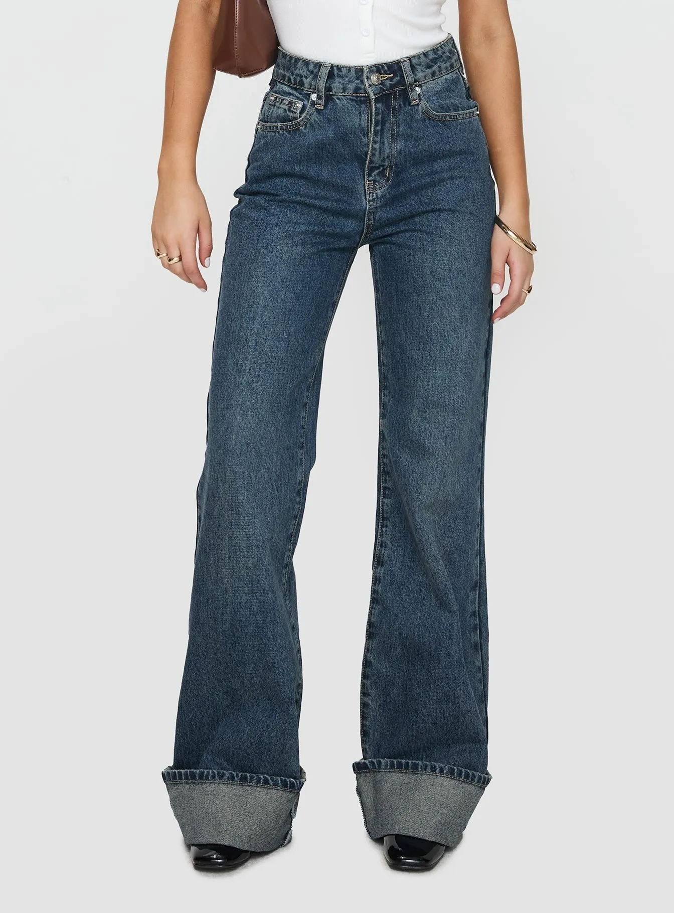 Florida Keys Mid Rise Straight Leg Cuffed Jeans Mid Blue Tapered Leg Profile Classic Five Pocket