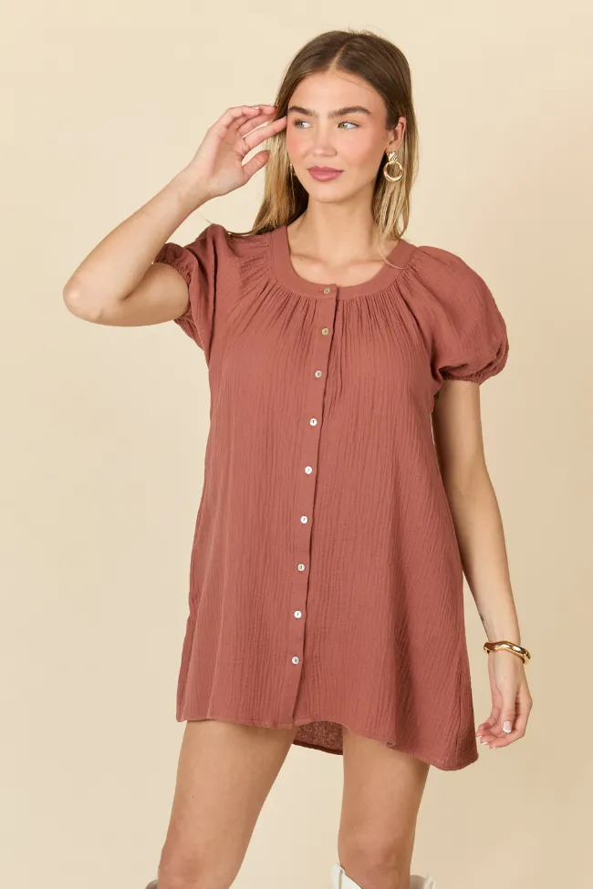 Life Of The Party Brown Gauze Short Sleeve Mini Dress SALE Bold Fashion