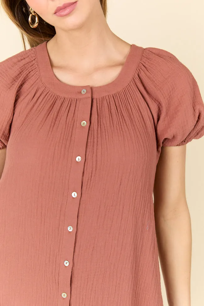 Life Of The Party Brown Gauze Short Sleeve Mini Dress SALE Soft-Lining Flare Swing