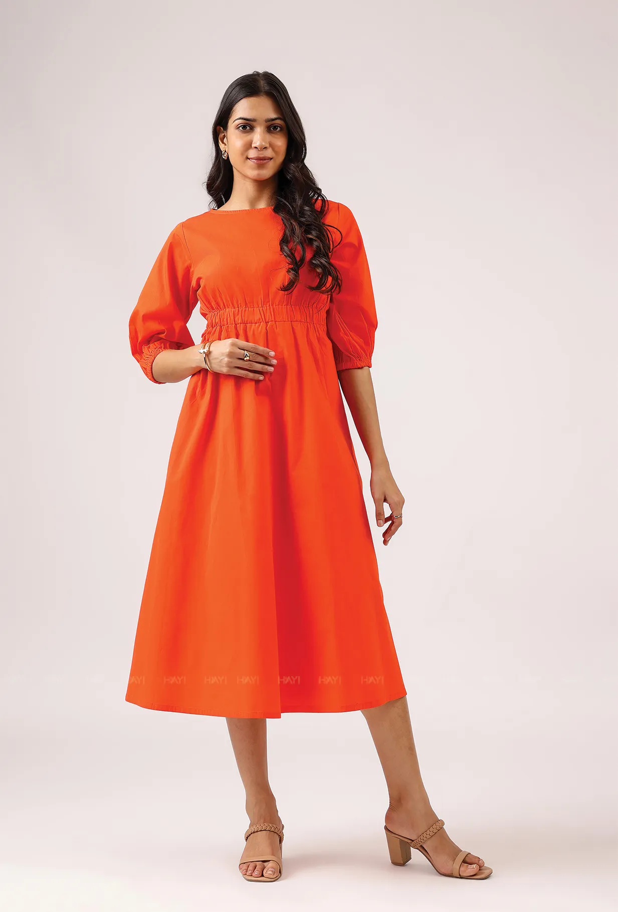 Crush Code Orange Boat Neck With Puff Sleeve Dress Coastal Chic Relaxed Fit Look