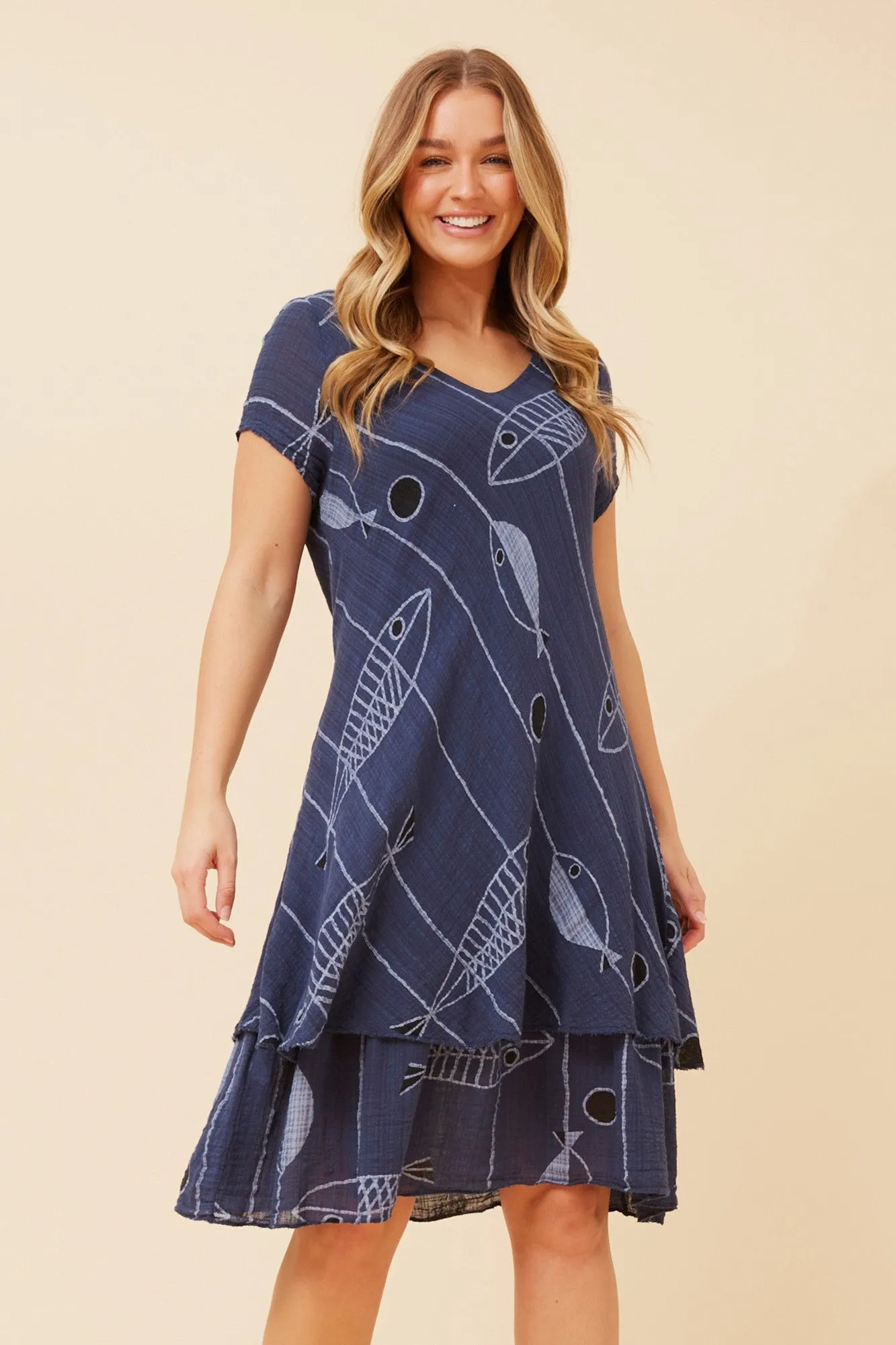 Pleat-Front Cool Texture ELECTRA SEALIFE PRINT DRESS