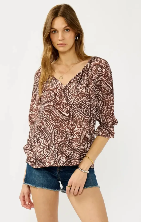 Cultural Fit Smocked Paisley Split Neck Blouse