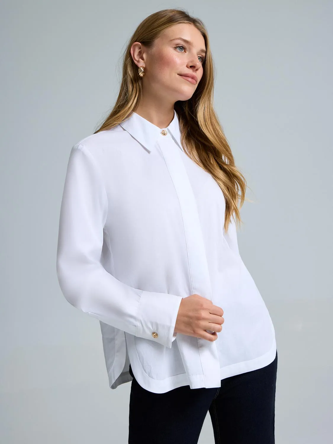 Cotton Poplin Button-Front Blouse FrictionResistantEdges Trendy Sweatpants