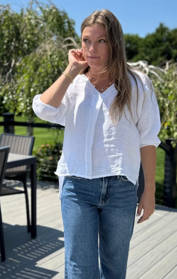 Courtney Linen Elbow Sleeve Top Elegant Tunic Cloud Core