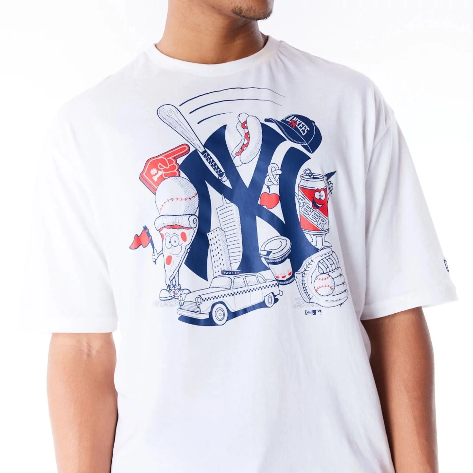 Sporty Chic Layered Sleeve Construction New York Yankees MLB Food Graphic White Oversized T-Shirt