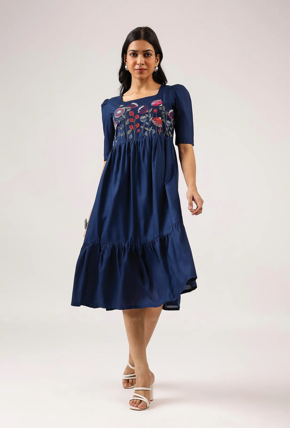 Dark Blue with Hovering Dreams floral Embroidery Viscose Dress Artistic Flair Light Elegance