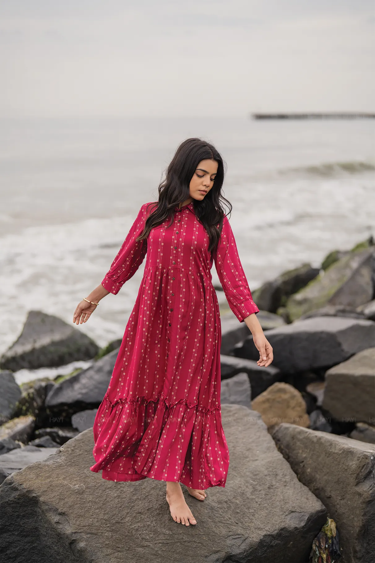 Natural Style Dark Pink with Nomadic Whispers printed Viscose Dress