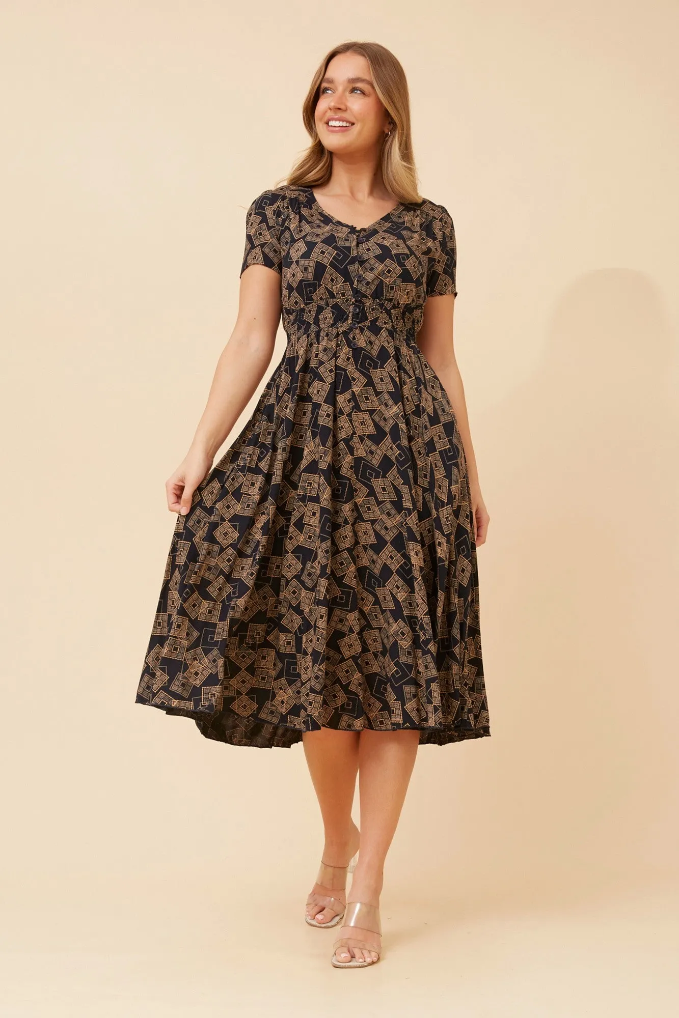 Drape Wave KEGAN ABSTRACT PRINT MIDI DRESS