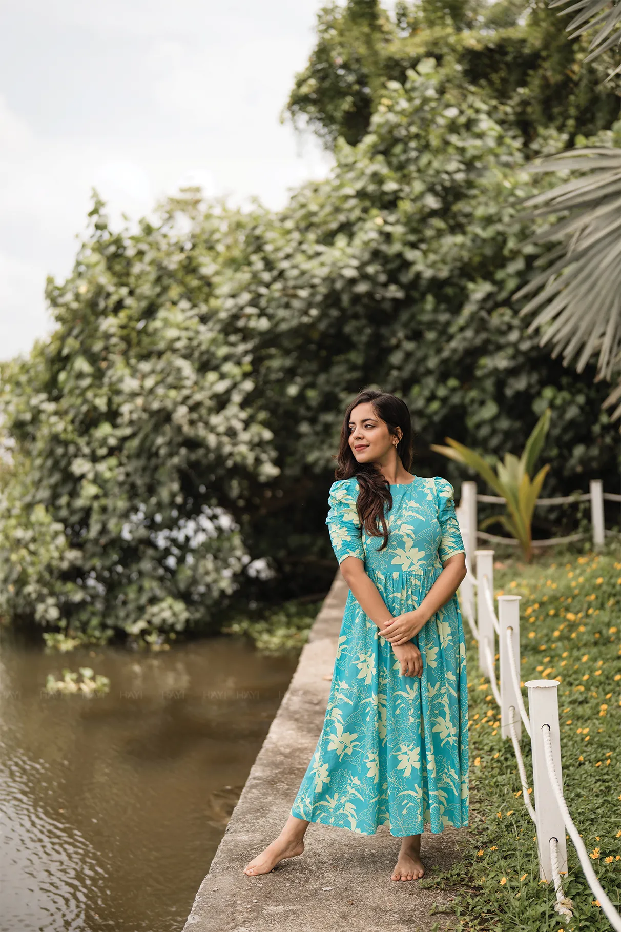 Maze Blue with Flourish Bloom floral printed Maternity and Feeding Viscose Dress Smart Comfort