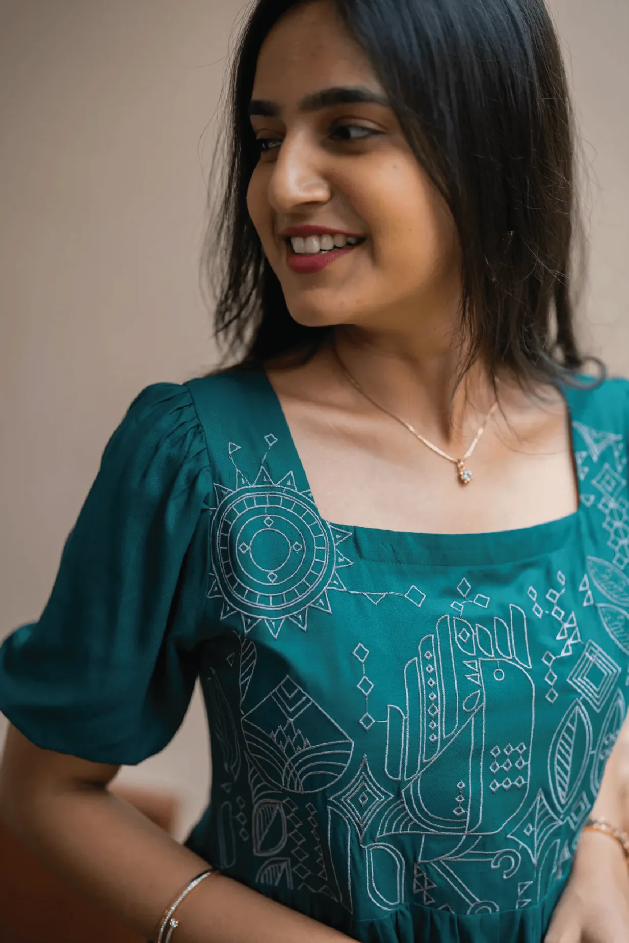 Sophisticated Vibe Deep Teal Falcon Trail Viscose Embroidery Dress