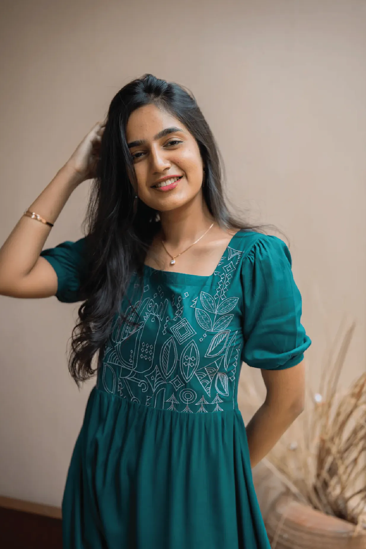 Minimalist-Trend Deep Teal Falcon Trail Viscose Embroidery Dress