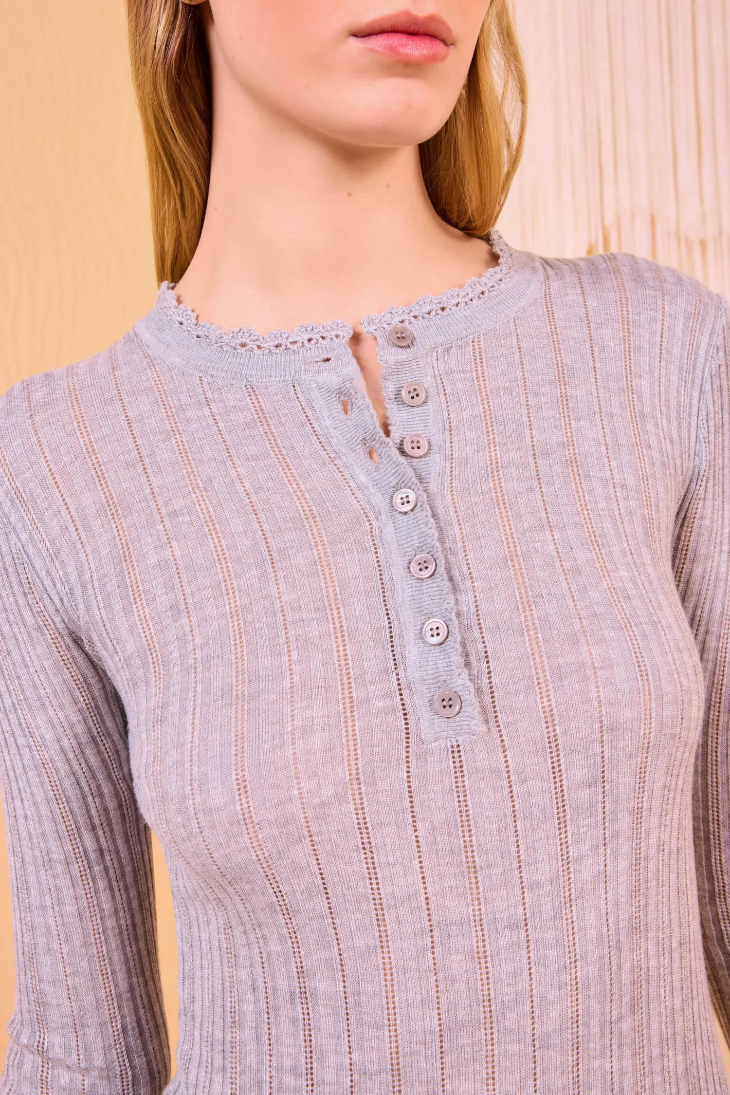 Delia Long Sleeve Henley Knit Top - Slate Lightweight clothing Urban Cool