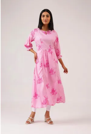 Light Pink with All About Flowers printed Viscose A-line Dress Anniversary-Event