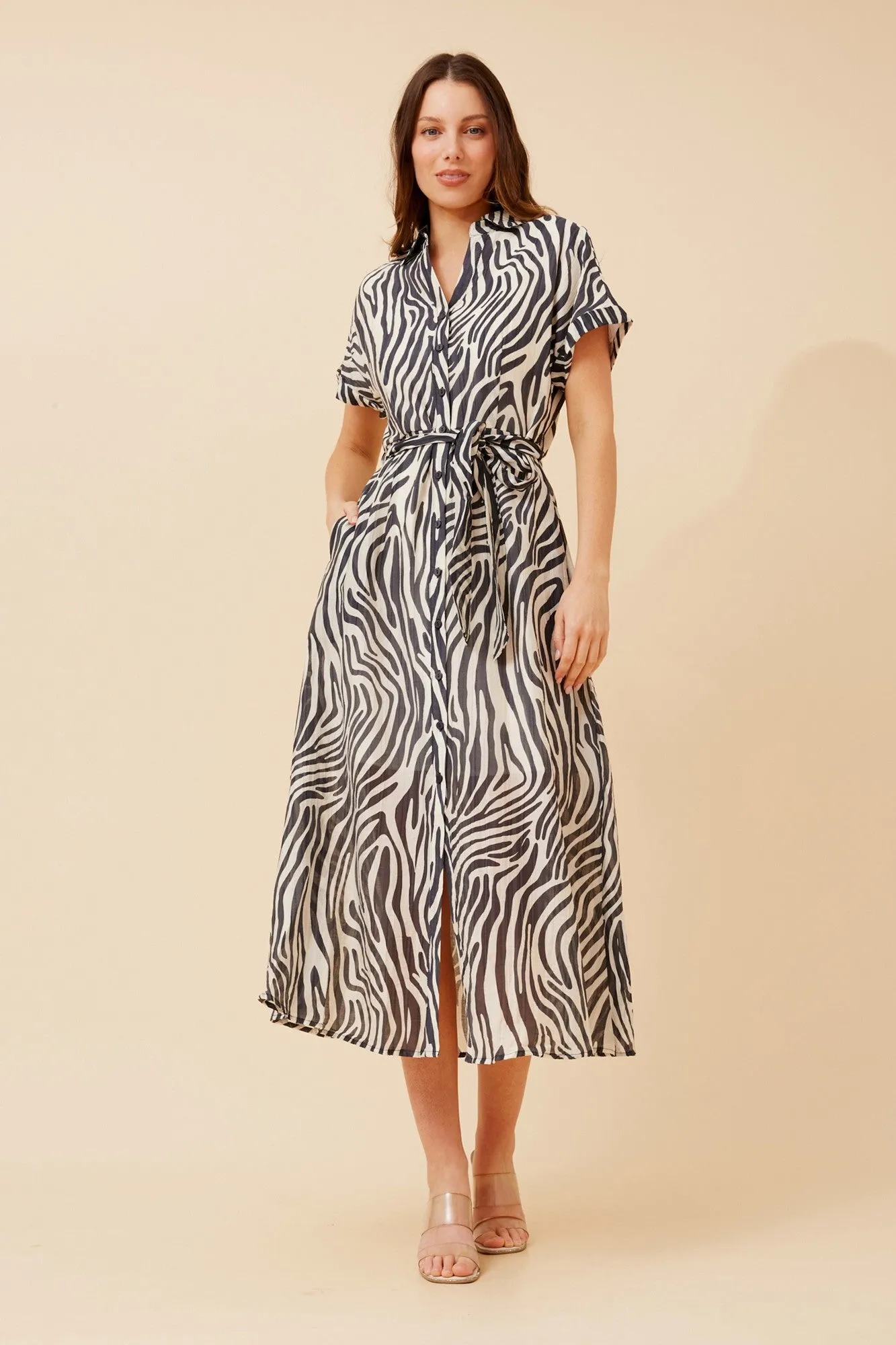 Silky Shine Sophisticated Waist Fit DOROTHEA ZEBRA PRINT SHIRT DRESS
