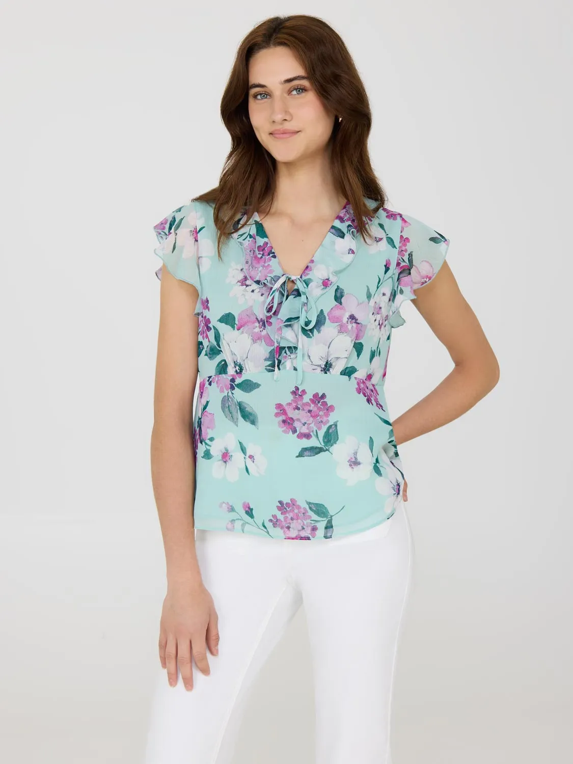 Ruffle V-Neck Floral Top Love Energy