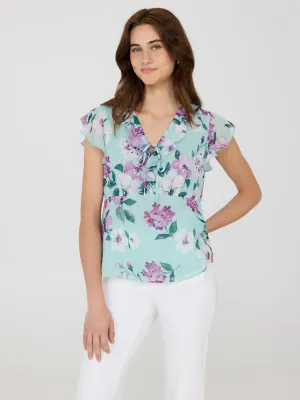 Ruffle V-Neck Floral Top Thick Fiber SmoothZipper