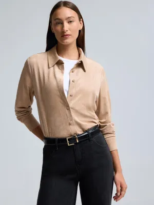 Faux Suede Button-Front Blouse OdorControlTech