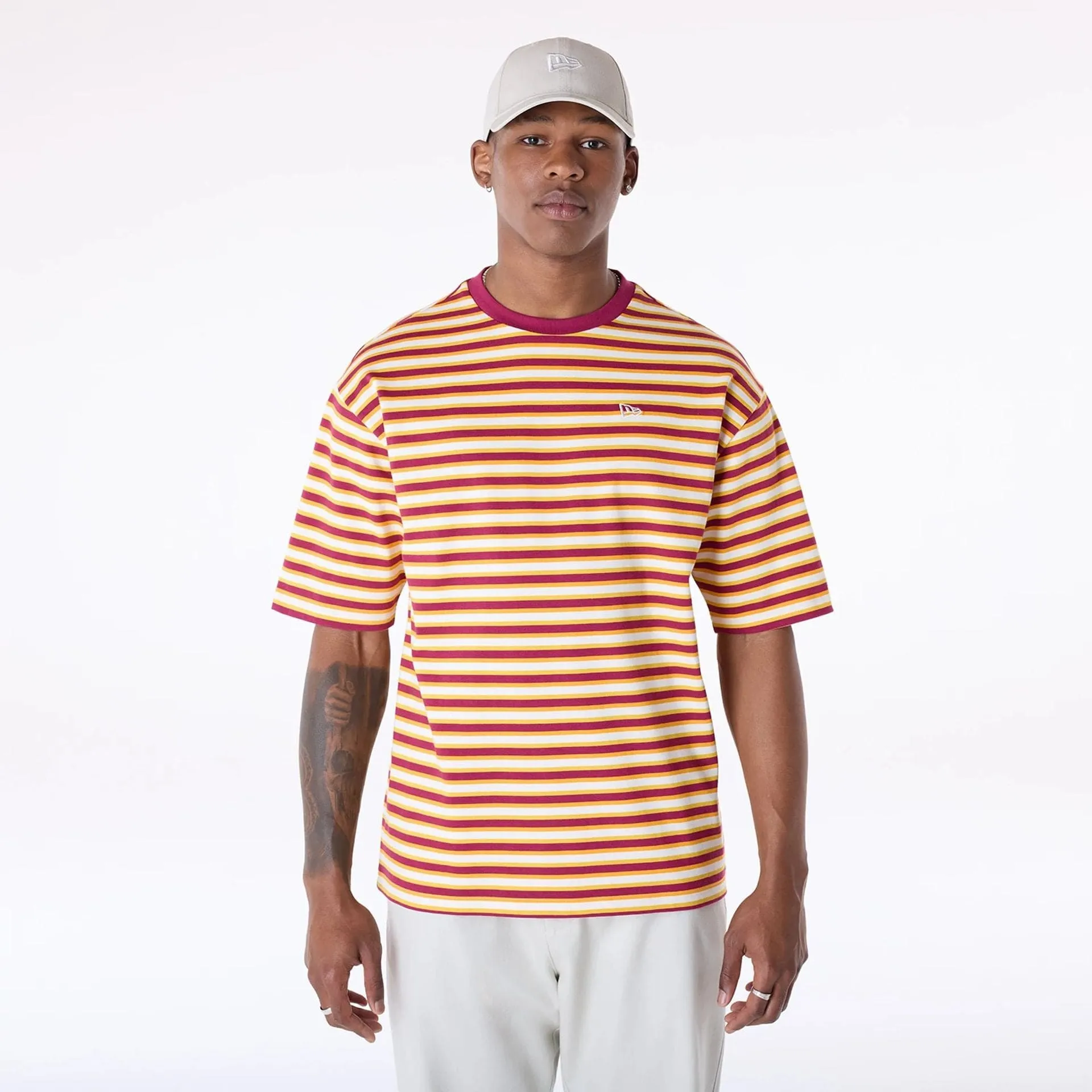 crew neck Non Irritating Tags New Era Stripe Dark Red T-Shirt