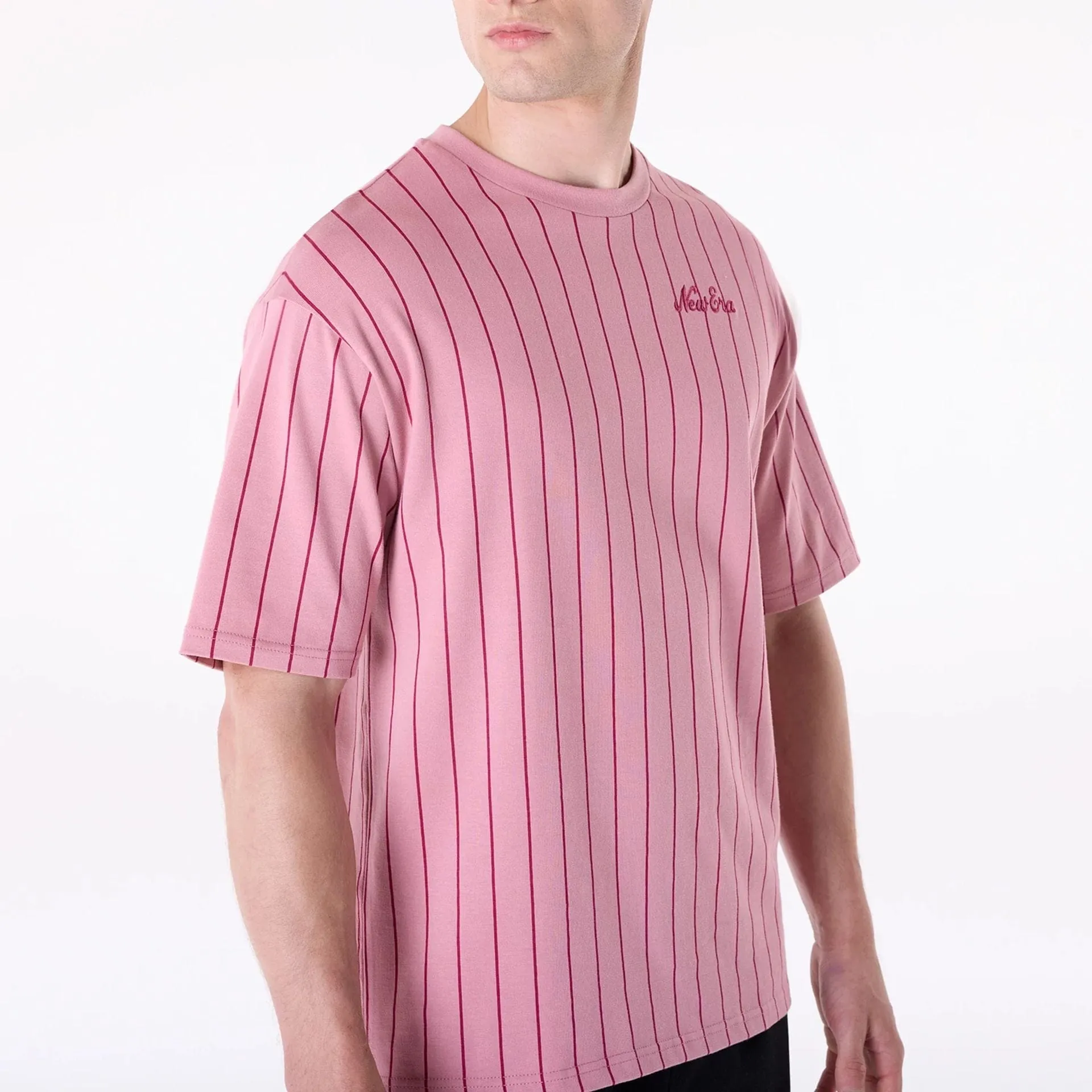 Formal Style Vintage Wash Effect New Era Pinstripe Dark Pink Oversized T-Shirt