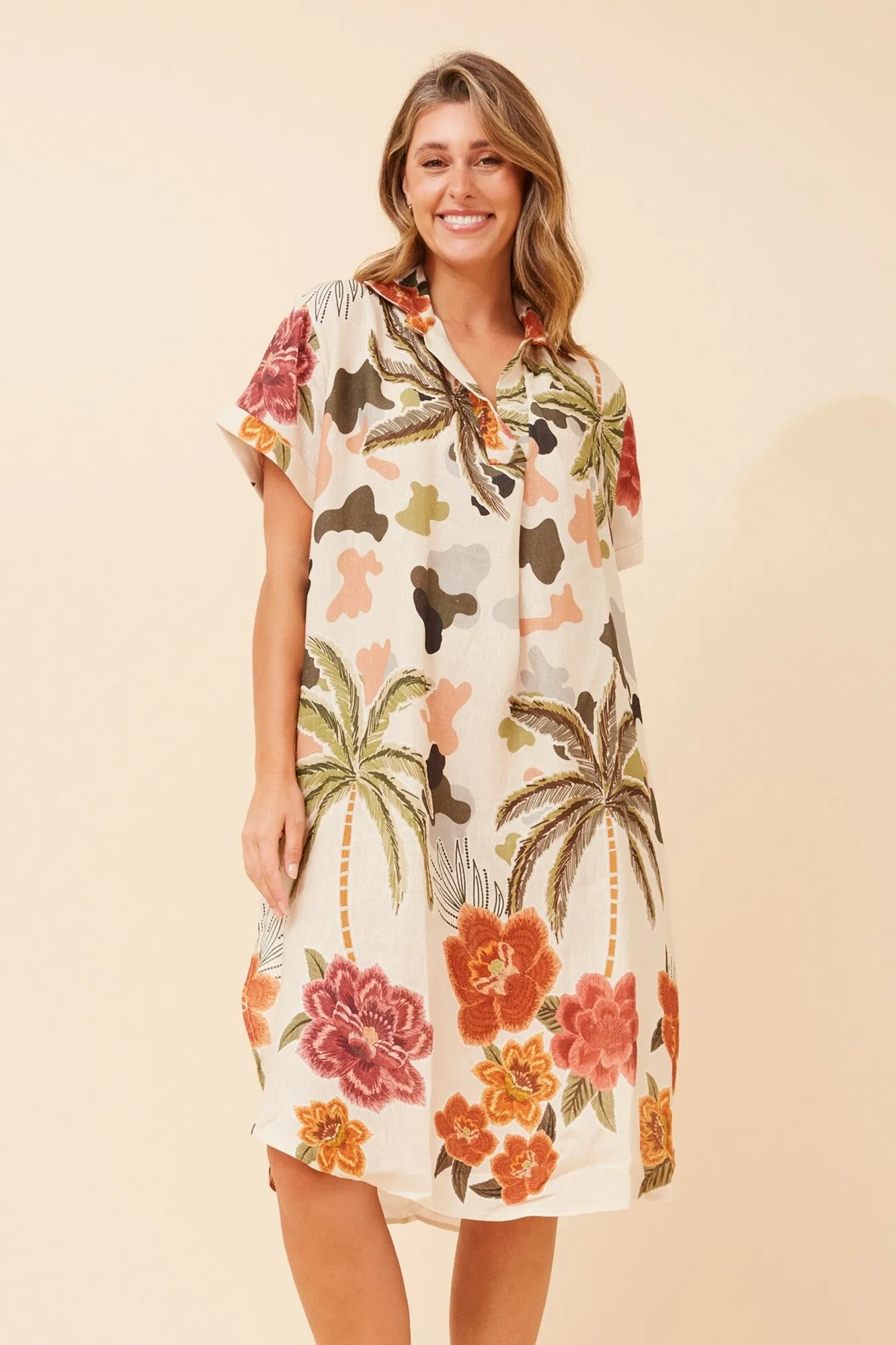 Crisp Silhouette ELDA TROPICAL PRINT LINEN DRESS