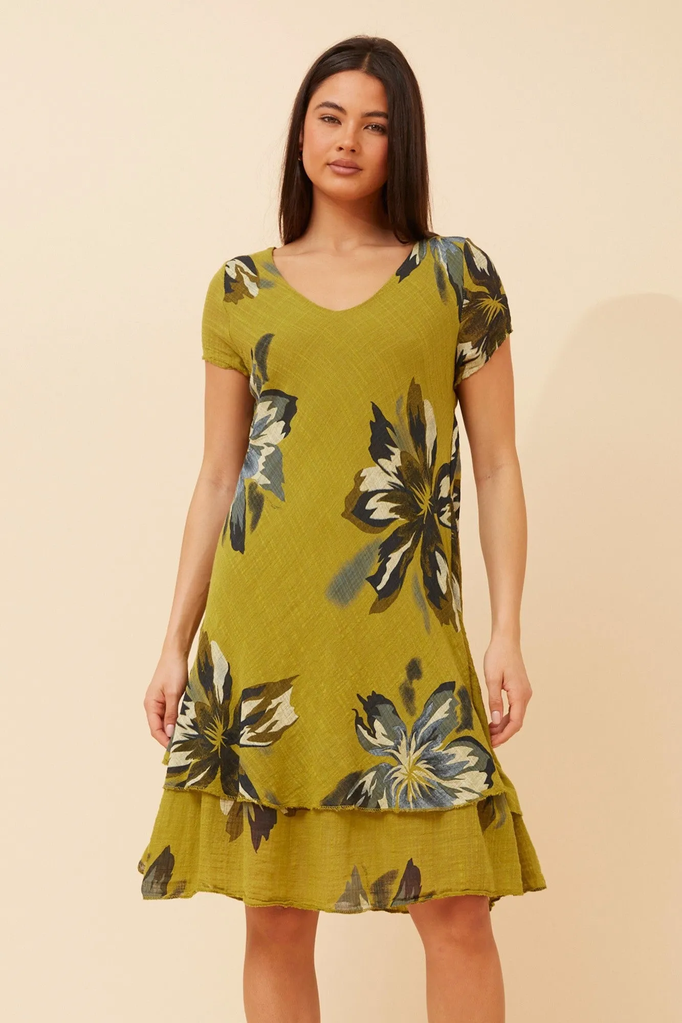 Button-Cuff ELECTRA FLORAL DOUBLE LAYERED DRESS