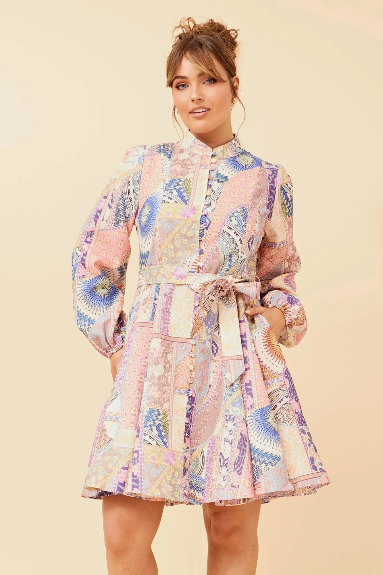 LEVINE PATCHWORK PRINT SHORT DRESS All Fit Style Classic-style