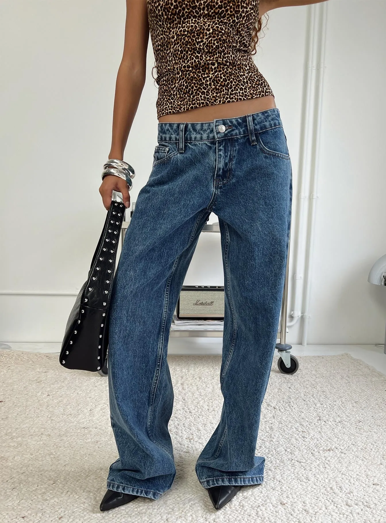 Ellanor Low Rise Slouch Denim Jean Mid Blue Button Fly Closure Fashion Focus