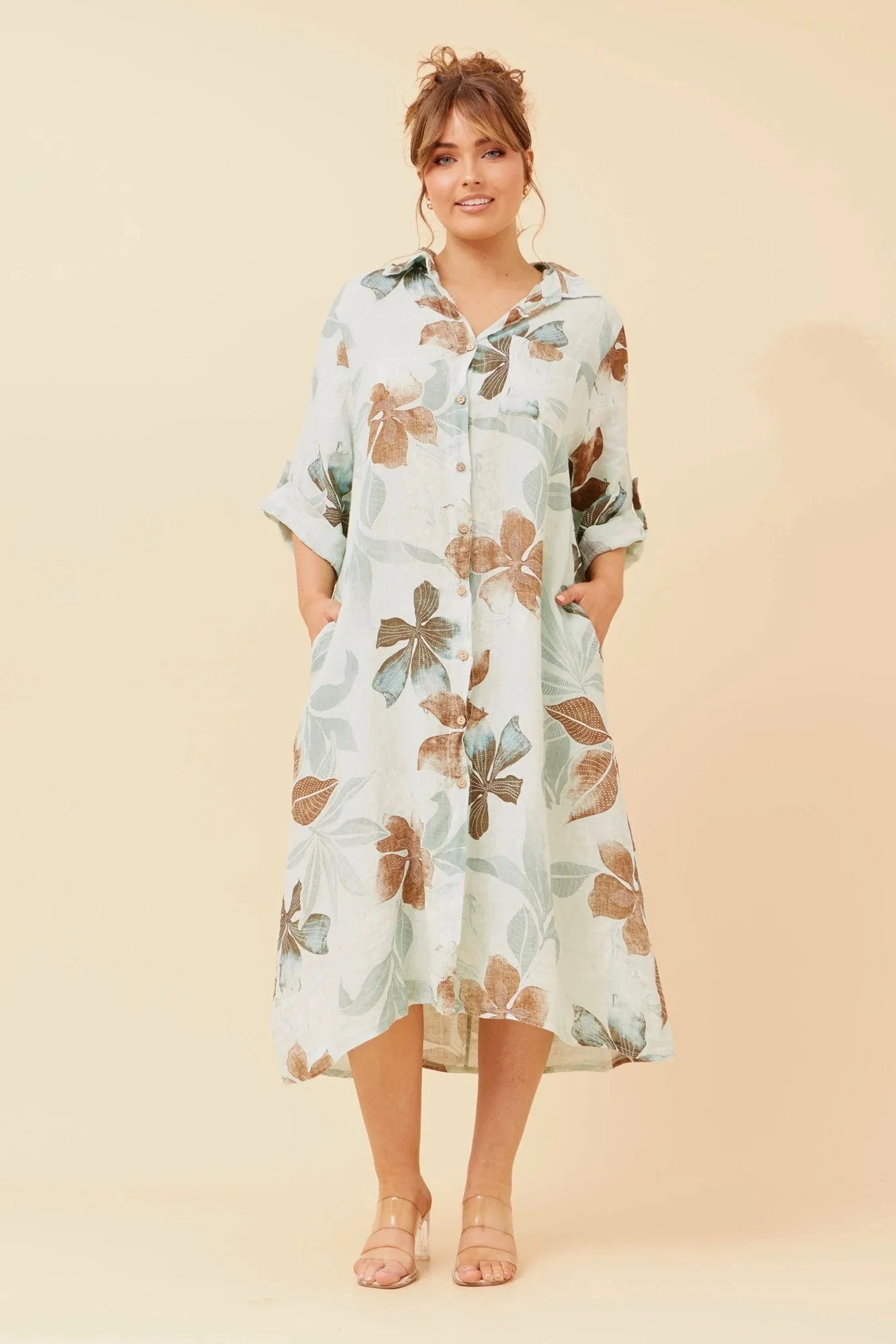 ELOSIA LEAF PRINT  LINEN DRESS Flattering Fit Wear