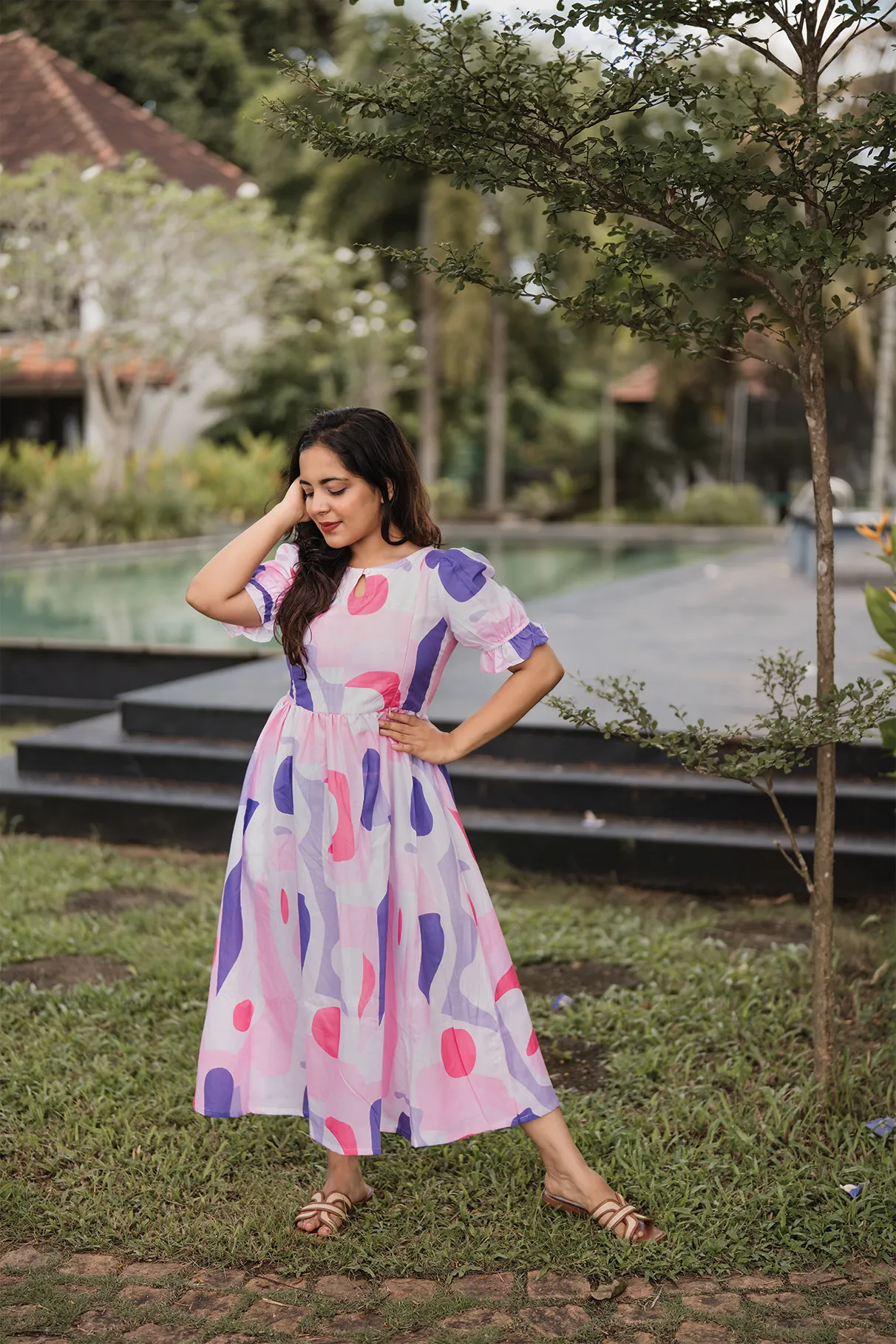 Layered Form Collared Entwine Pink with Florenza pirnted Maternity and Feeding Viscose Dress