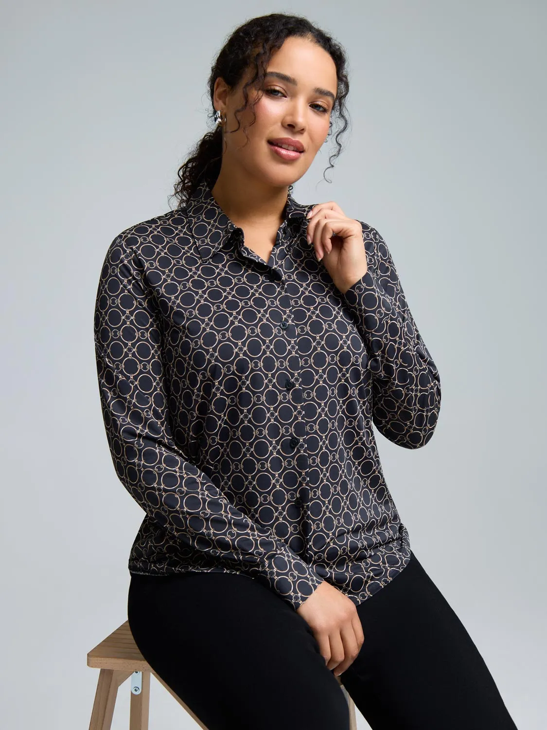 TactileStitching Chain Print Button-Front Classic Blouse