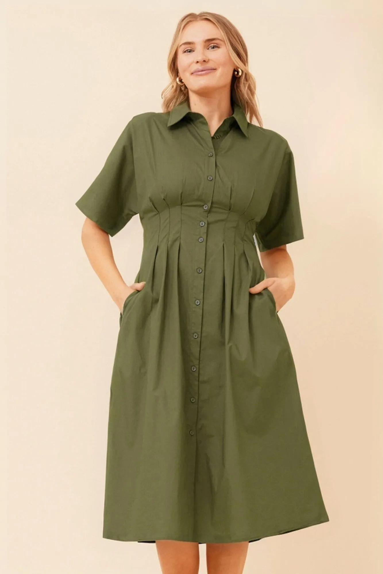 FRANCETTE SOLID SHIRT DRESS Natural Texture Flowing Fit