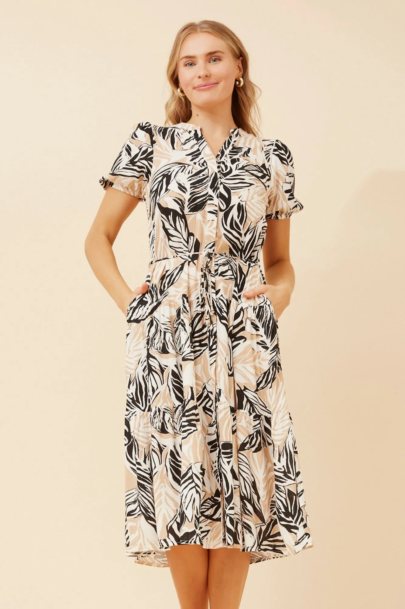 Grab Now Feminine Style ZEPHINA LEAF PRINT MIDI DRESS