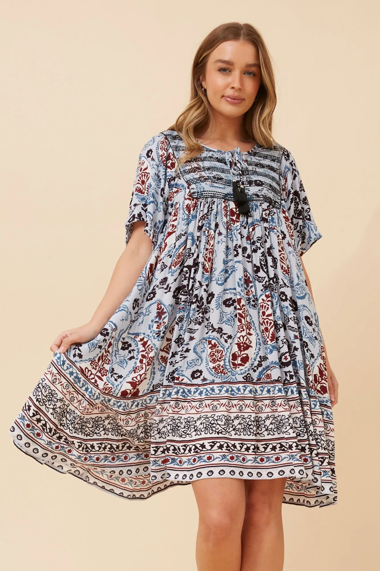 Clear Blush Fine Texture HONDA BORDER PRINT DRESS