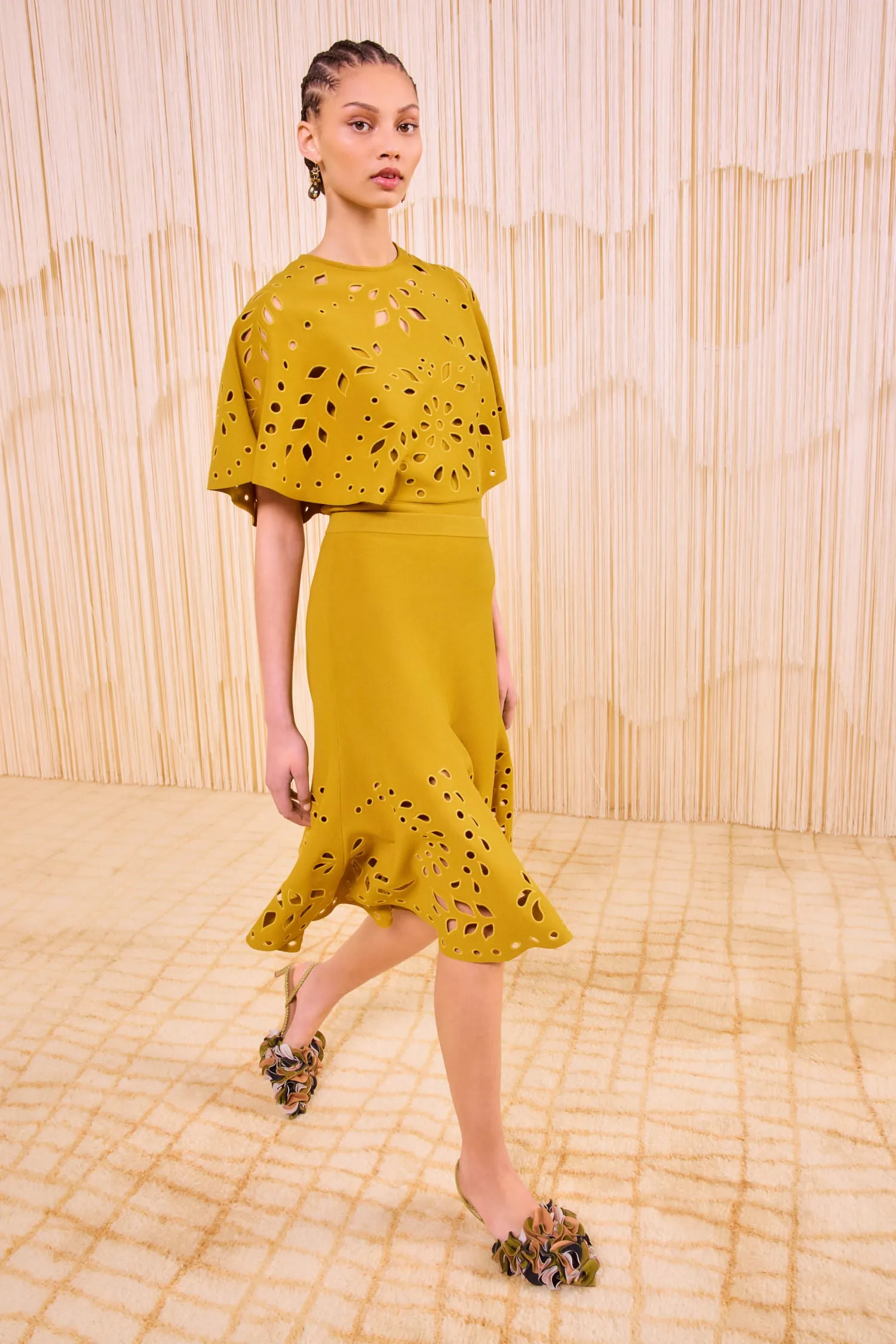 Fiorella Knit Midi Skirt - Goldenrod Layered Hem Details FlexibleElasticity