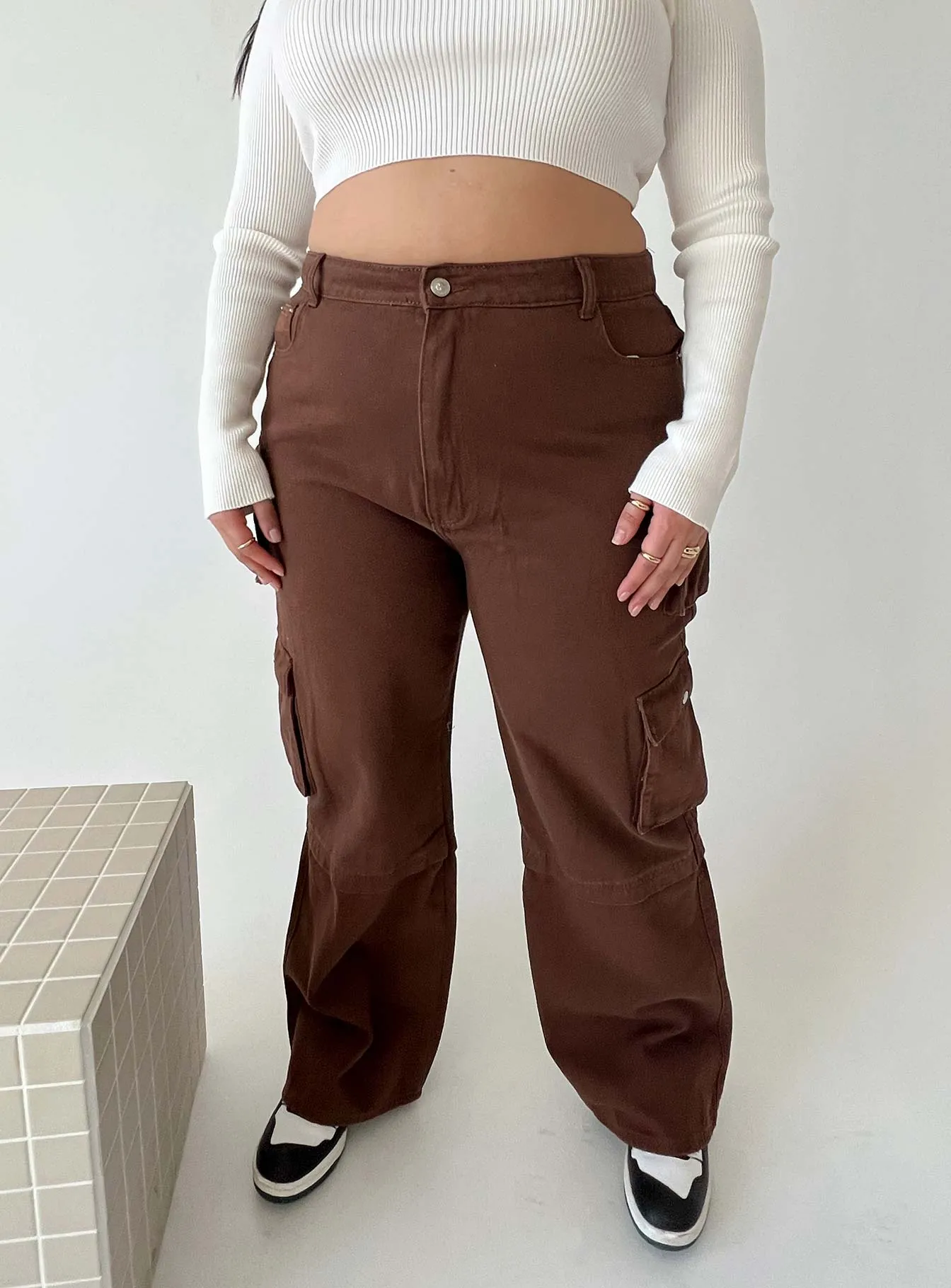 Darla Cargo Denim Jeans Brown Curve Light Stretch