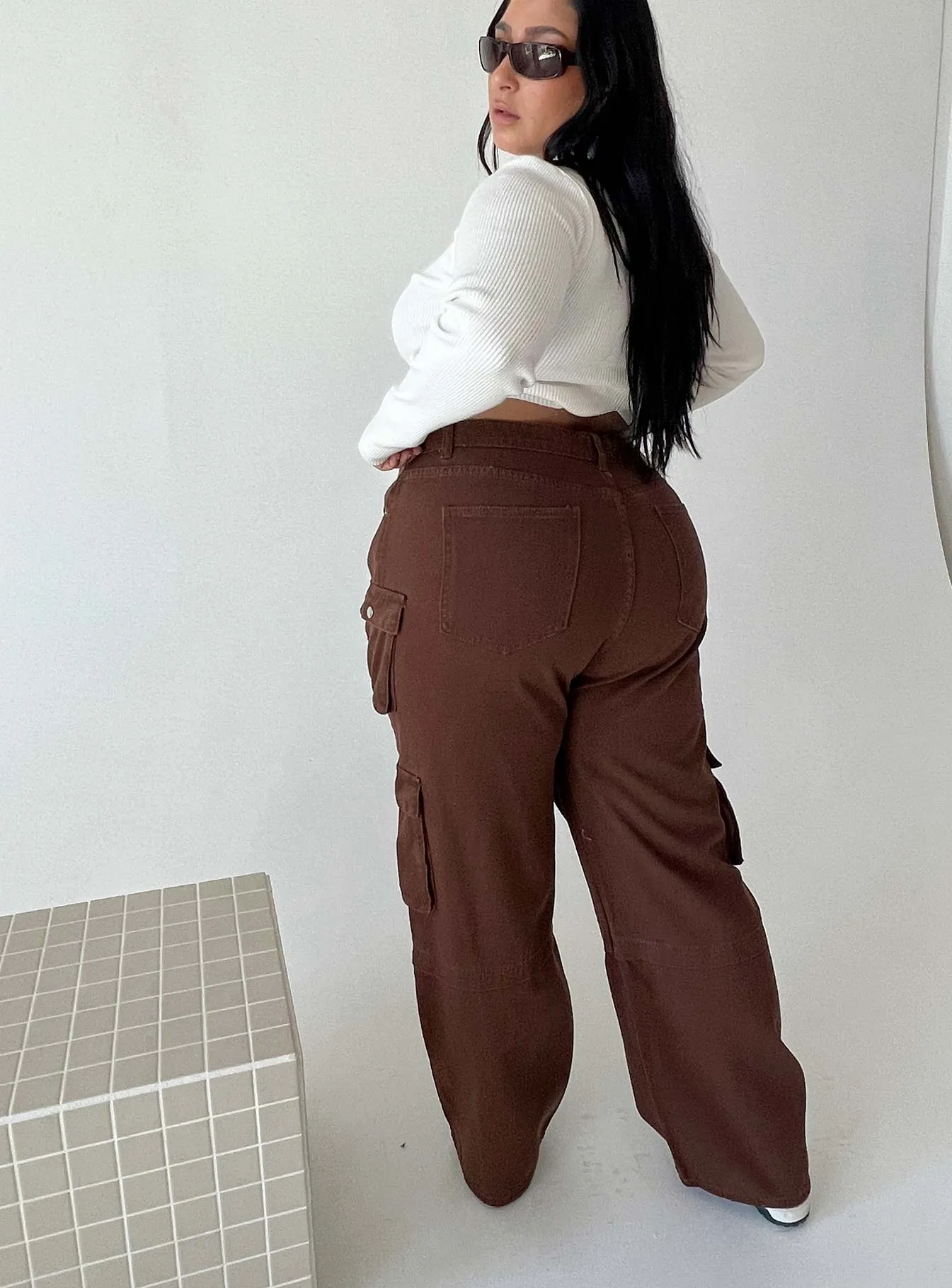 Button Fly Option Darla Cargo Denim Jeans Brown Curve