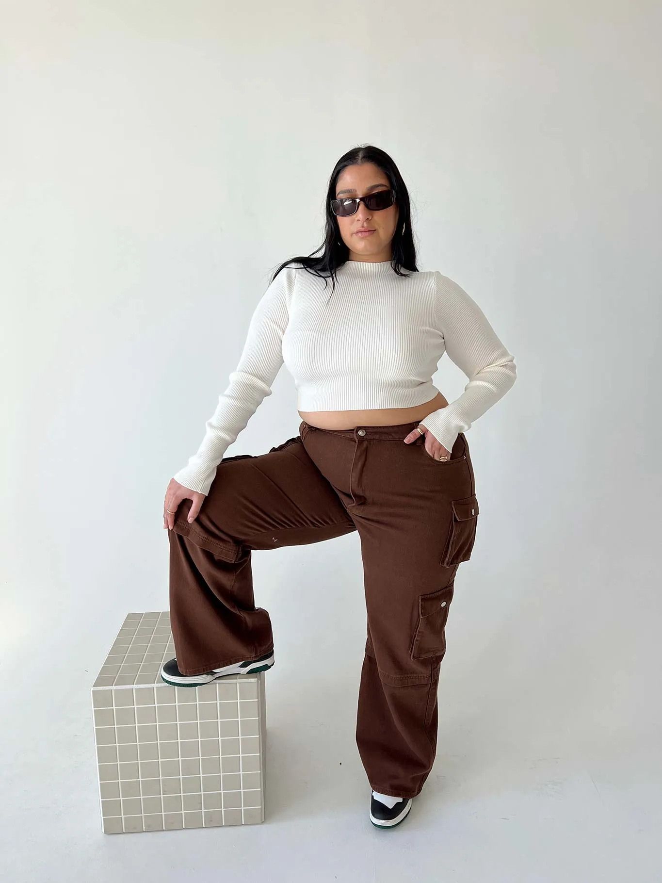 Darla Cargo Denim Jeans Brown Curve Softened Lining