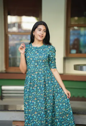 ReversibleStyle Casual Vibes Flare Green with Lush Bloomlet floral printed Maternity and Feeding Dress