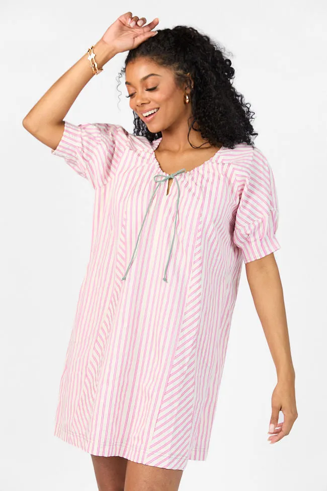 Feminine Structure Comfortable Style Set Free Pink Striped Panel Mini Dress SALE