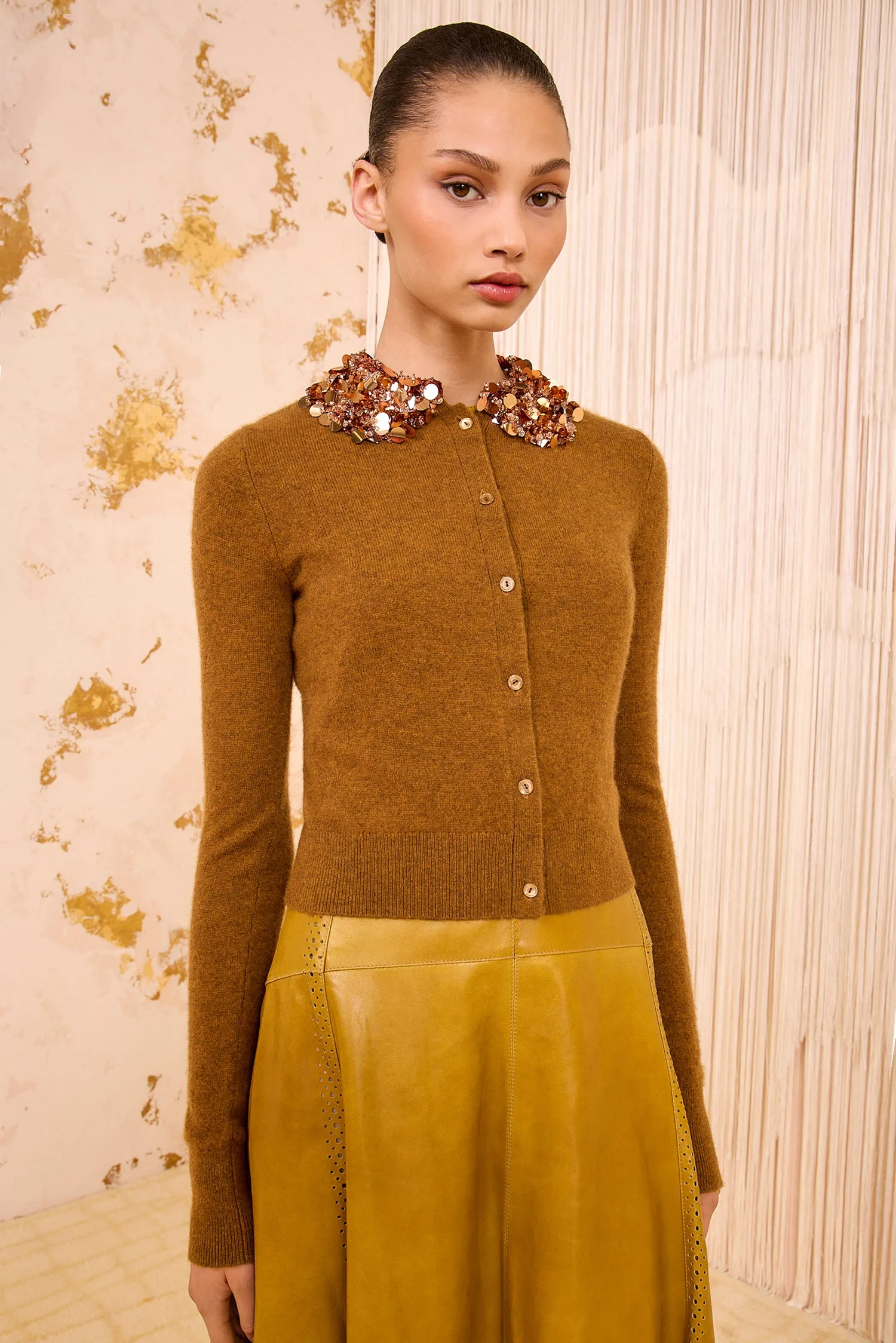 WindproofInterior ReflectiveTrims Margaux Embroidered Cashmere Cardigan - Umber