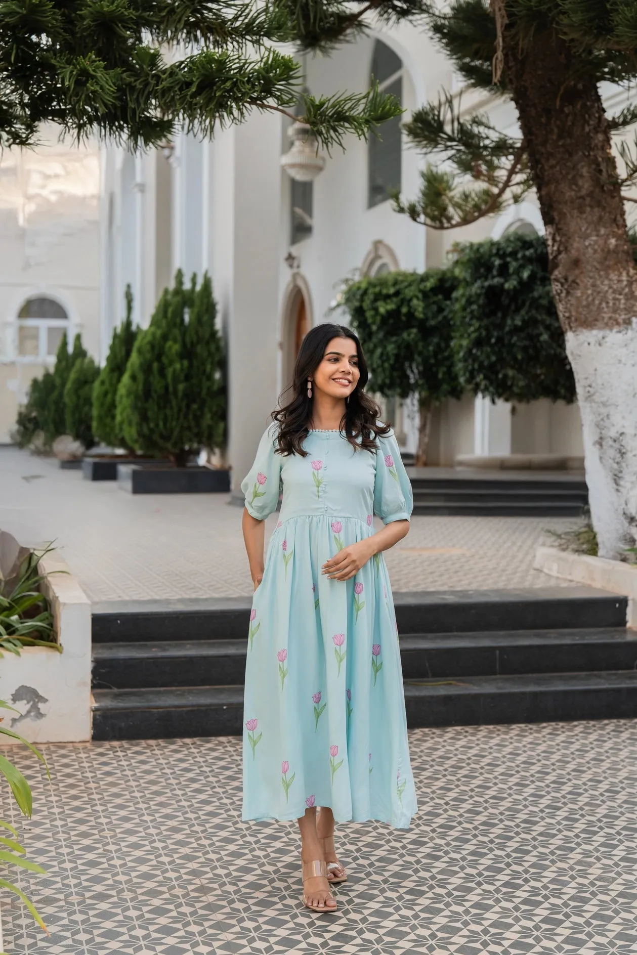 Floral Blue Tulip Popover Viscose Printed Dress Smart Layering