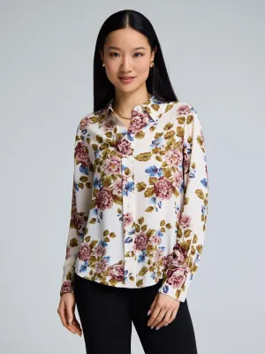 Elegant Coat ThermalInsulated Floral Button-Front Chiffon Blouse