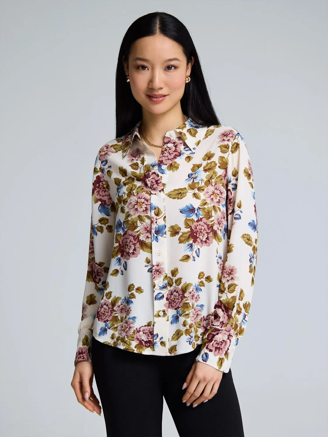 Transitional Clothing AbrasionResistantThread Floral Button-Front Chiffon Blouse