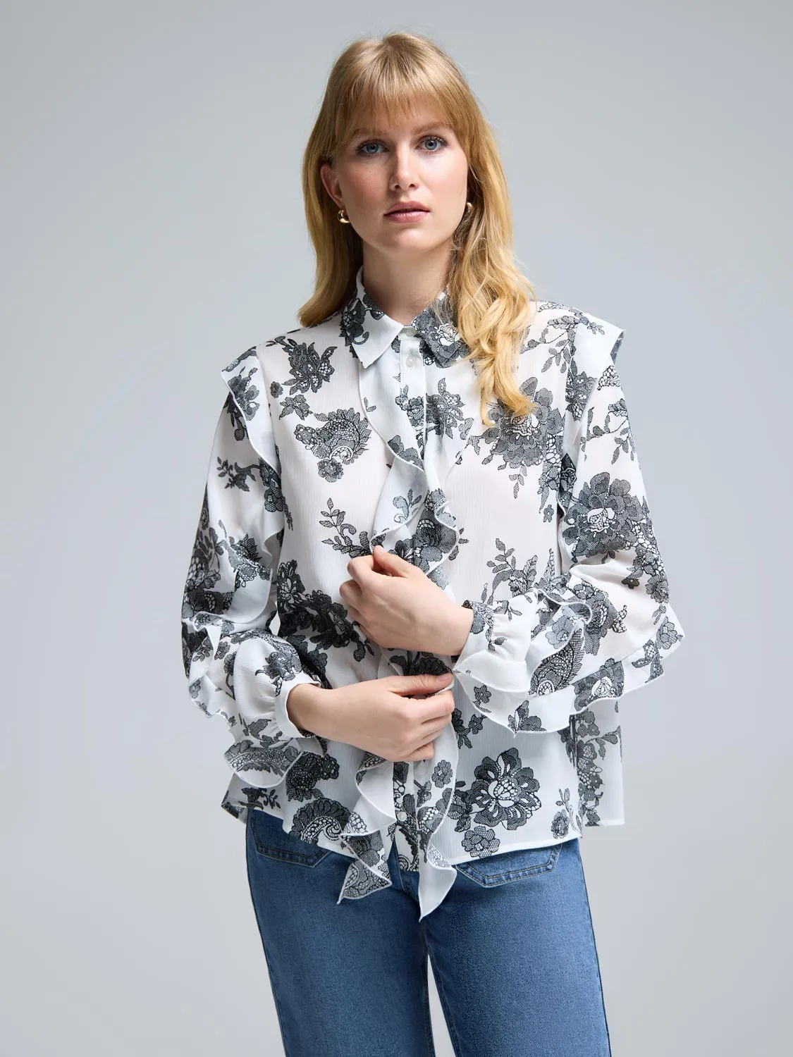 Smart Skirt Floral Button-Up Ruffle Blouse