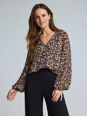 Button-Up Leopard Print Blouse NonBindingCollar