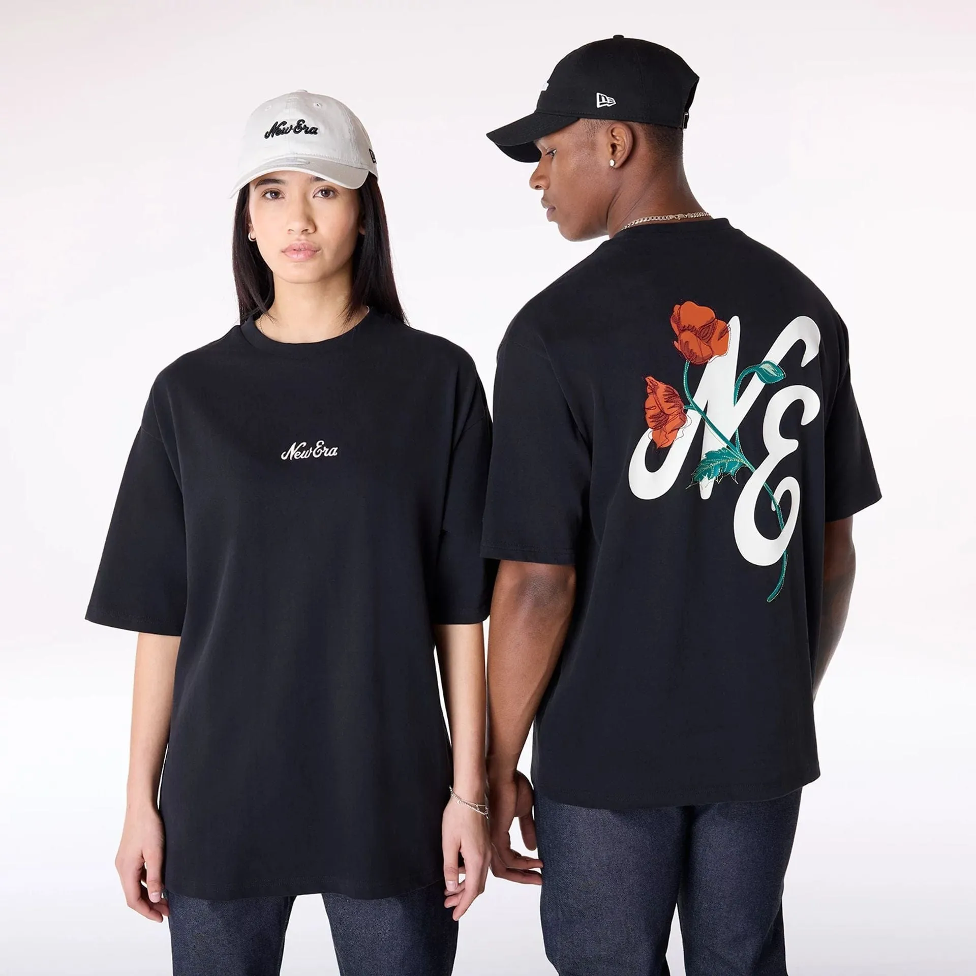 New Era Floral Graphic Black T-Shirt Subtle Embroidery