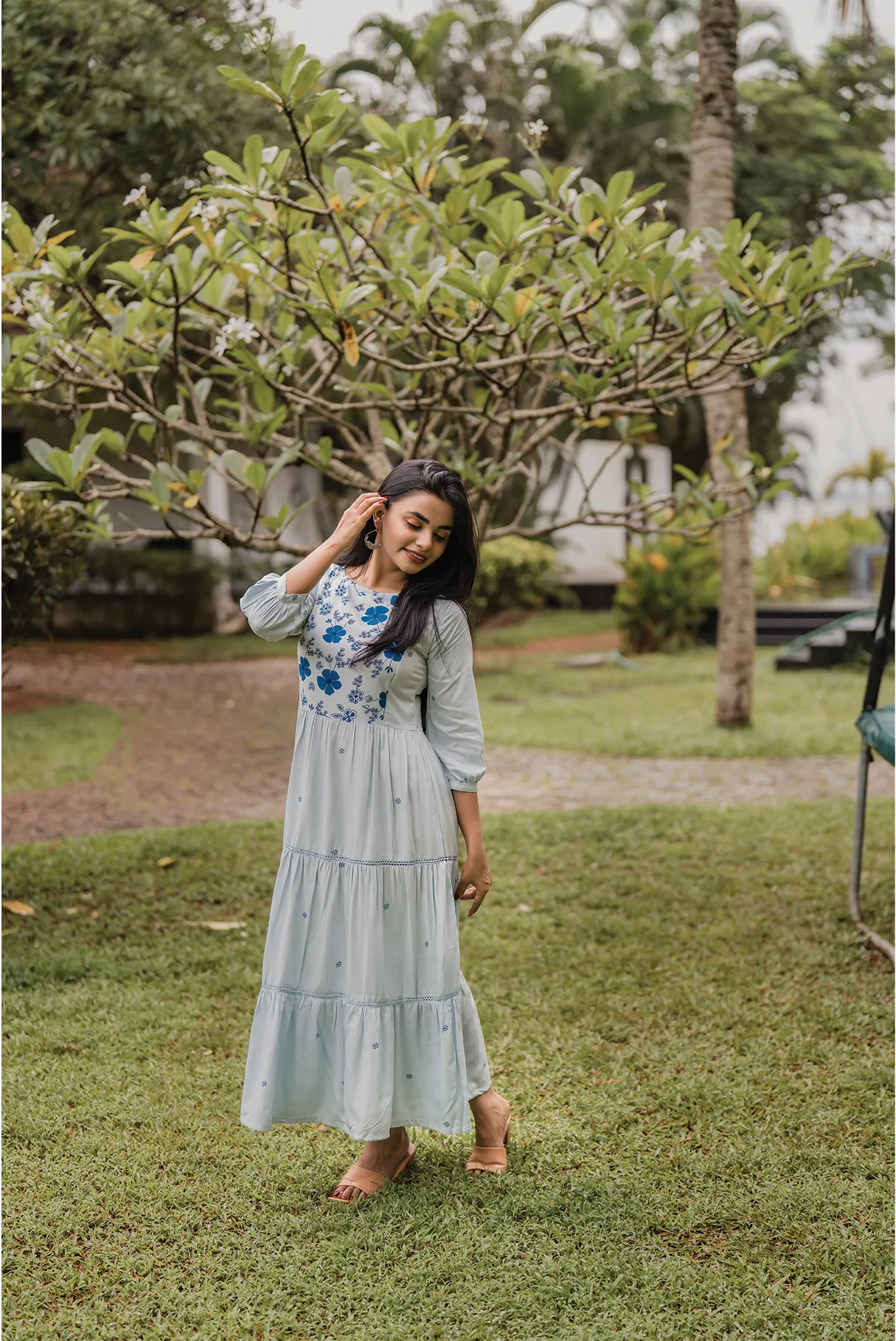 Frost bloom Blue Viscose Dress with Delicate Floral Print Family Vibe